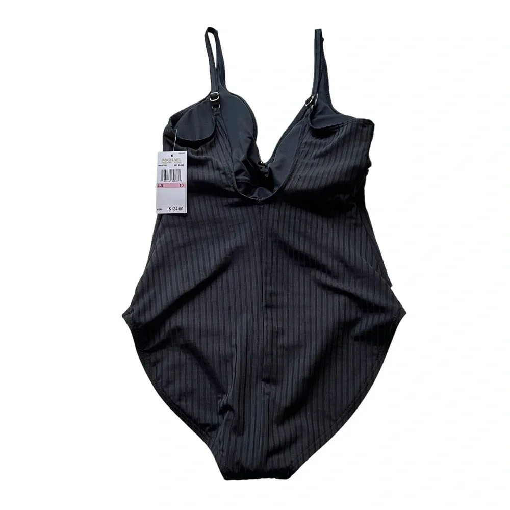 Michael Michael Kors One Piece Swimsuit Black Ribbed Size 10 Waist Sash Logo NWT